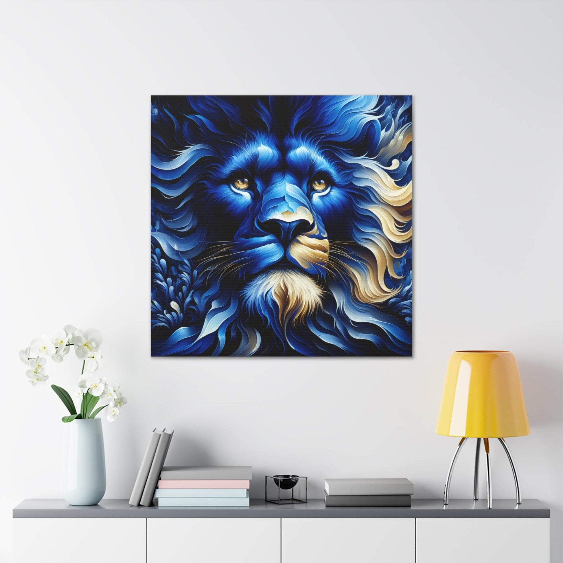 lion wall art, lion canvas wall art, lion face portrait, abstract blue lion