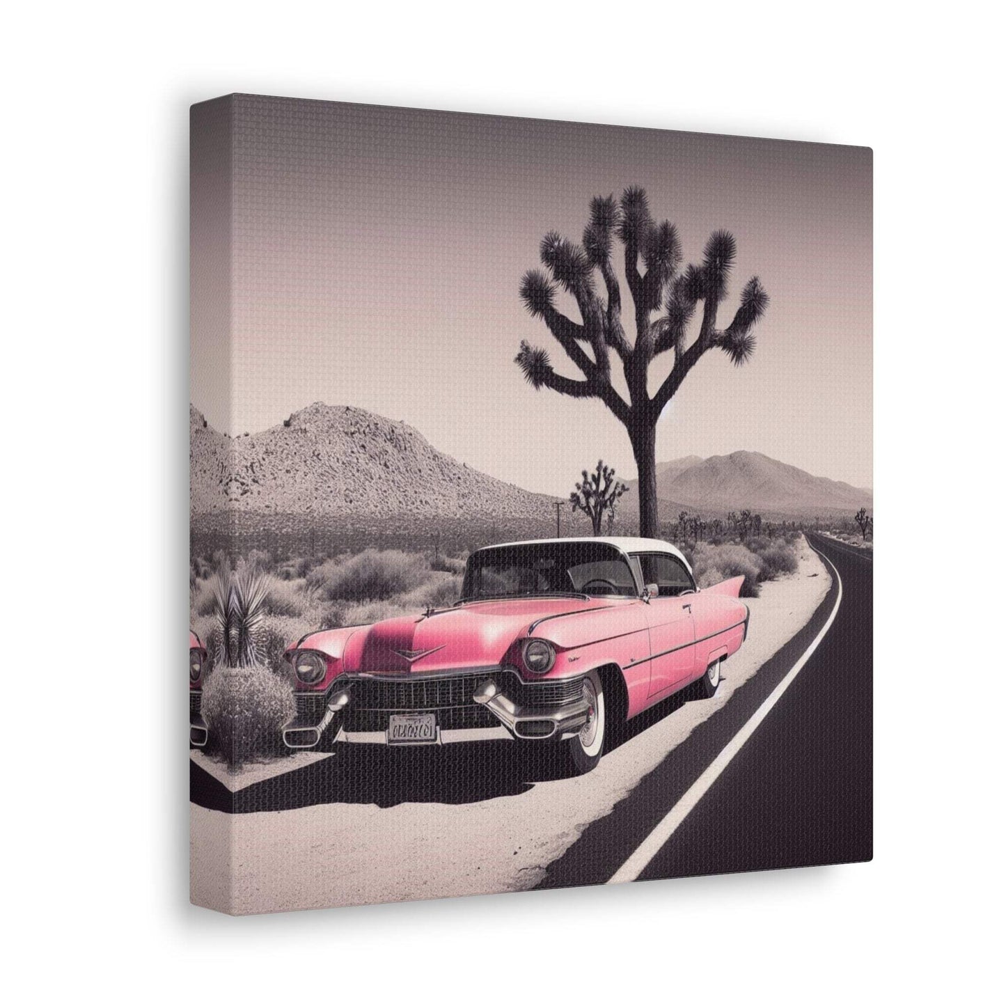 retro car poster, desert artwork, cadillac art