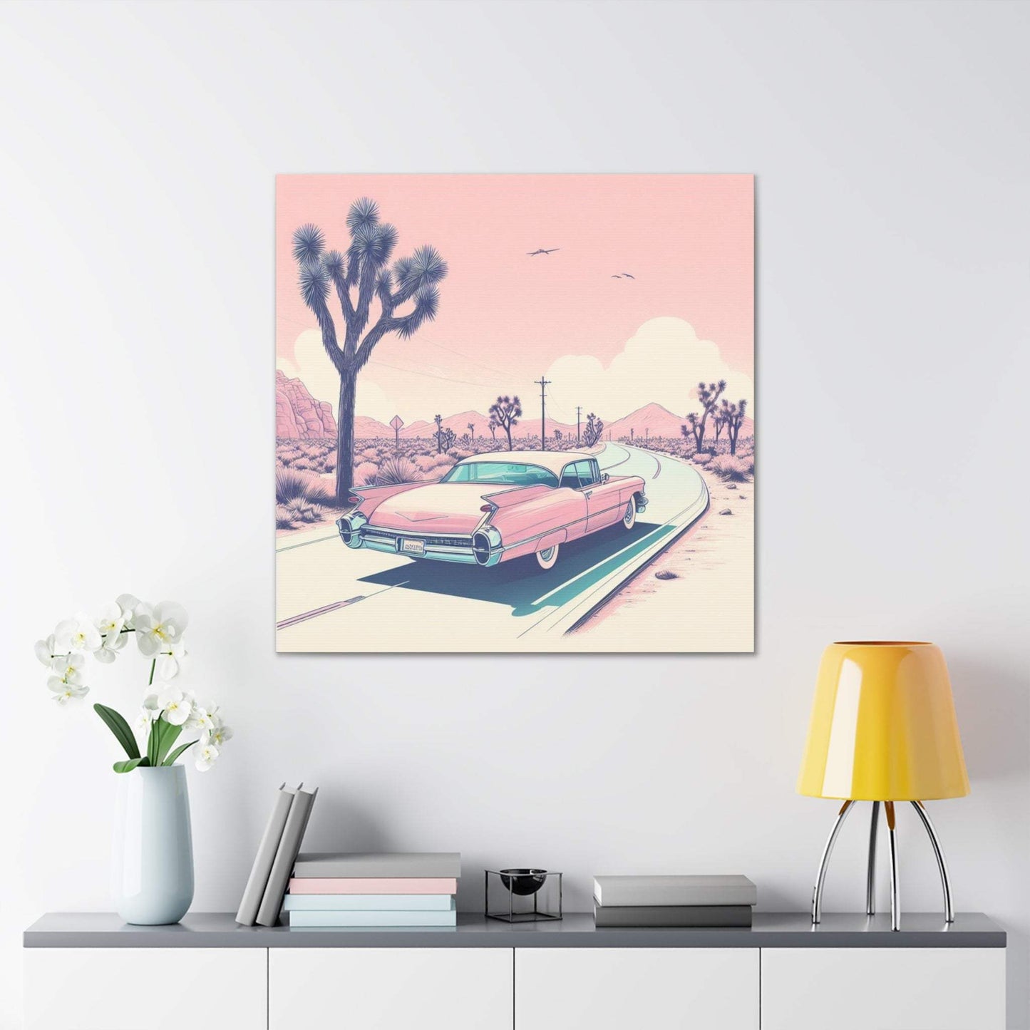 retro car poster, desert artwork, cadillac art