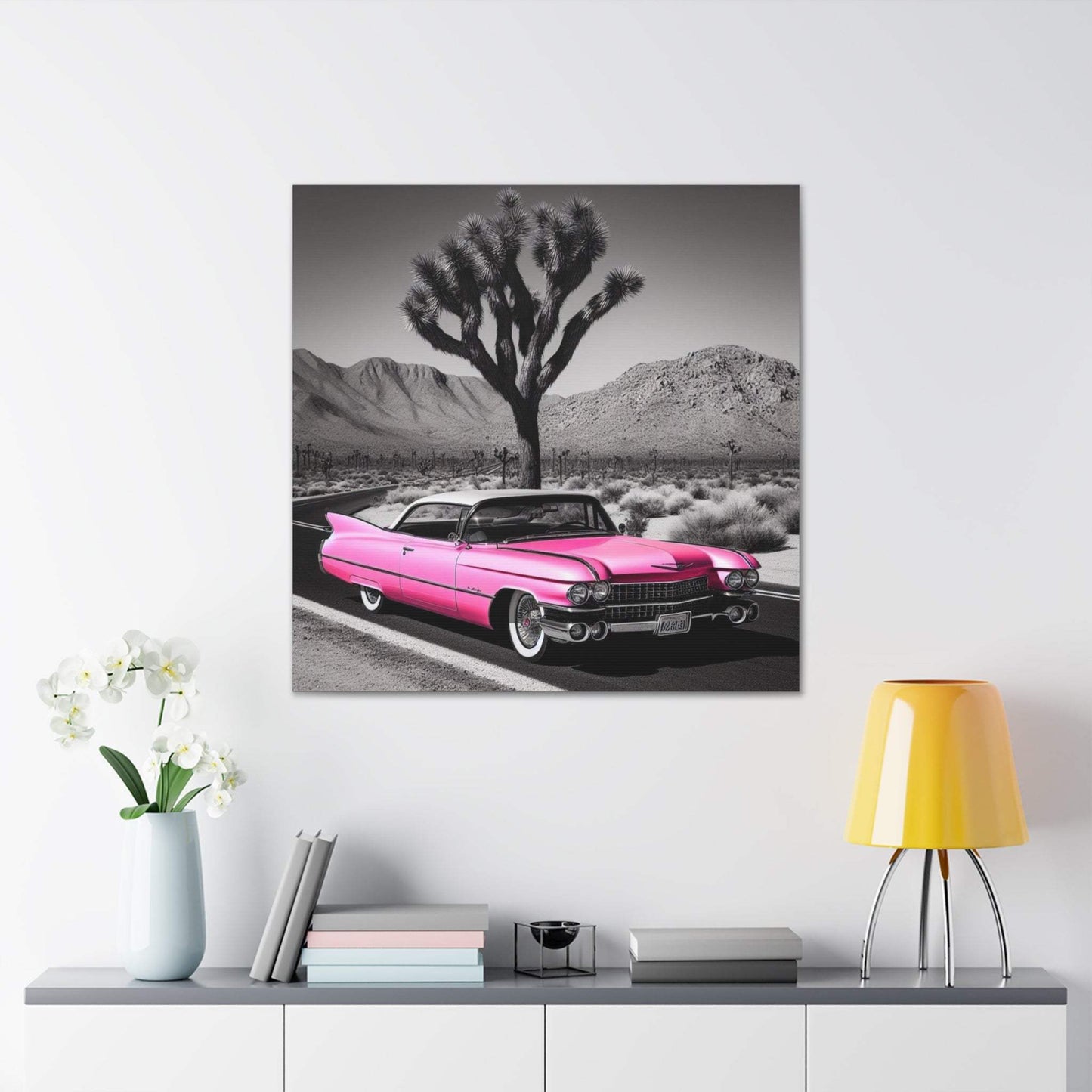 retro car poster, desert artwork, cadillac art