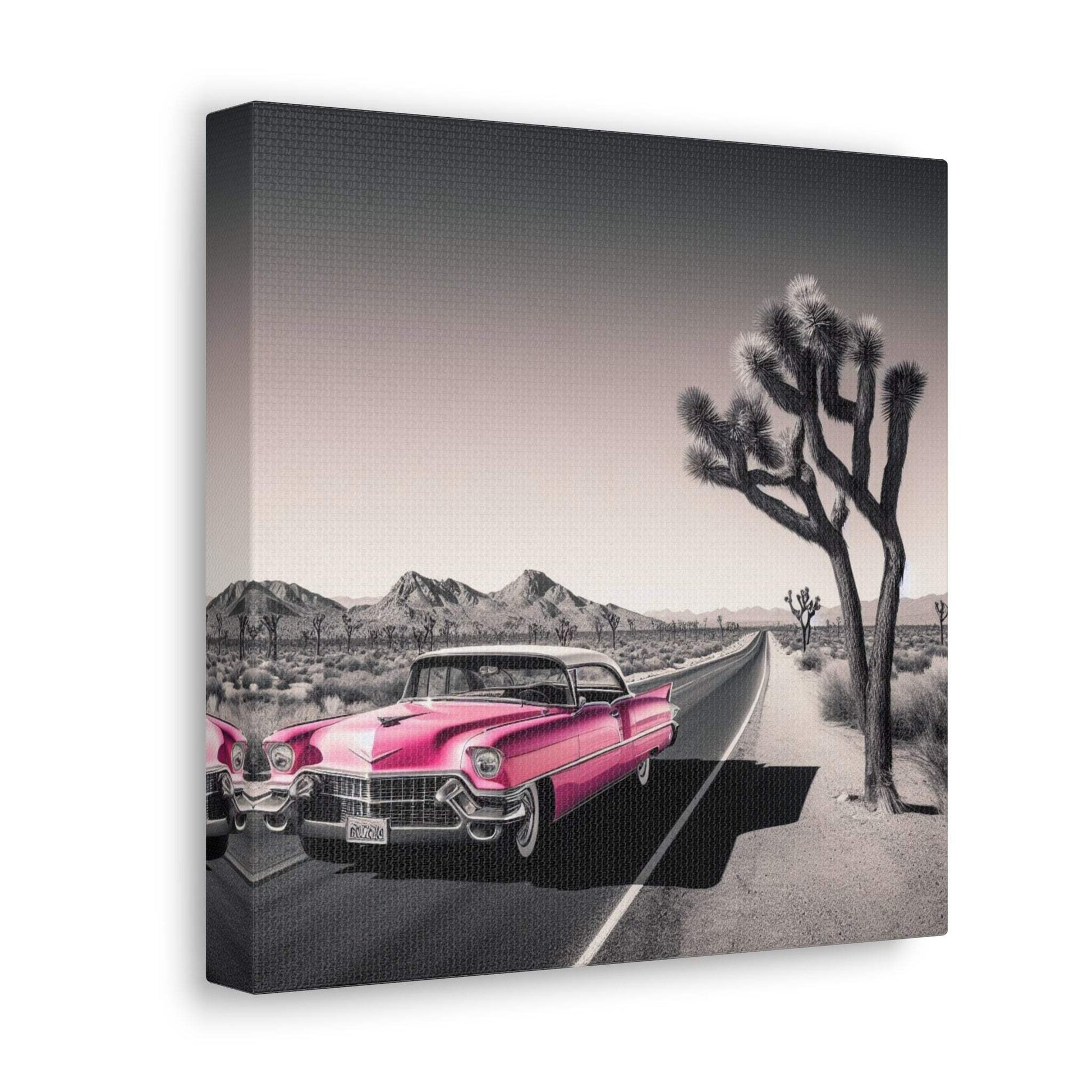 retro car poster, desert artwork, cadillac art