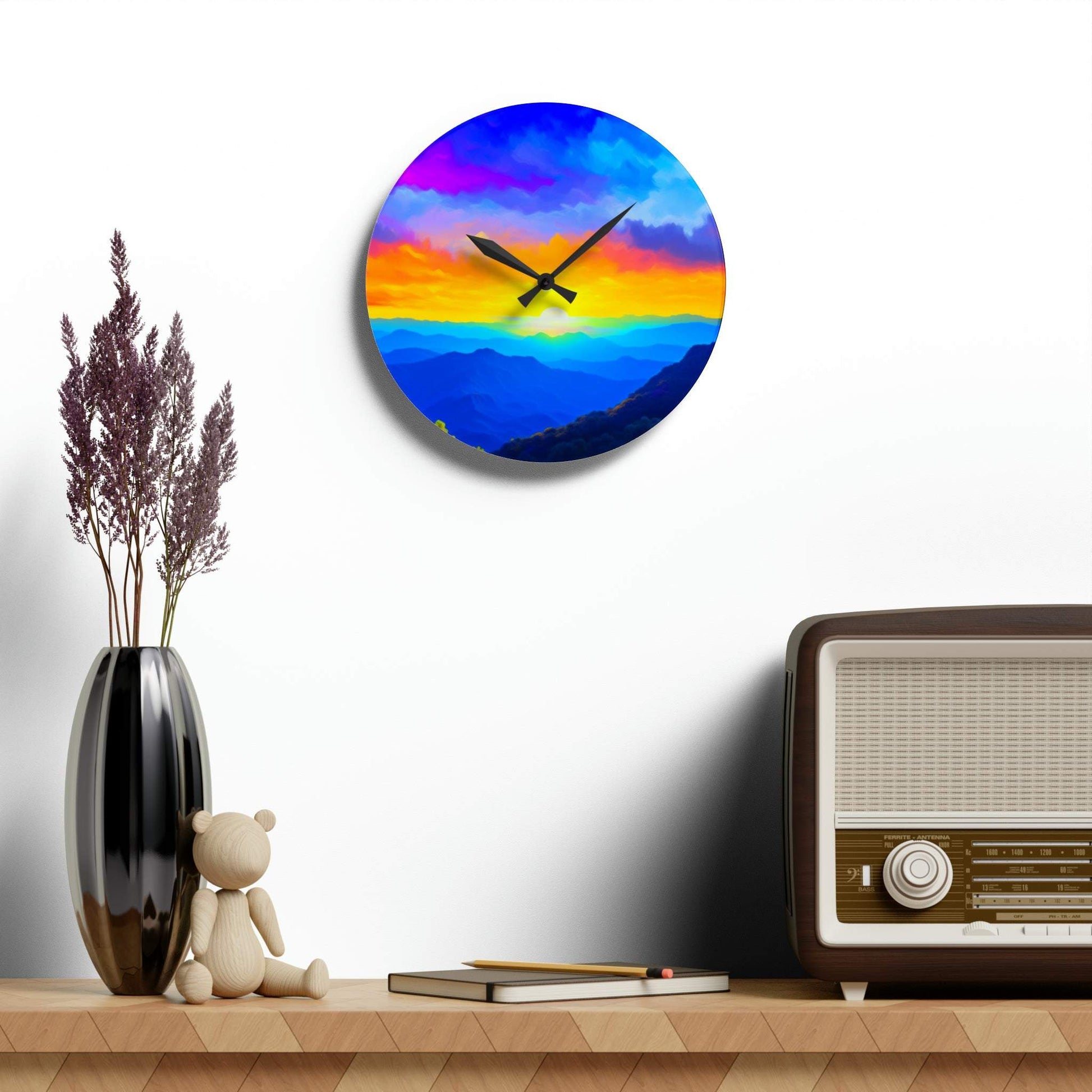 unique wall clock, blue mountains art, colorful clock