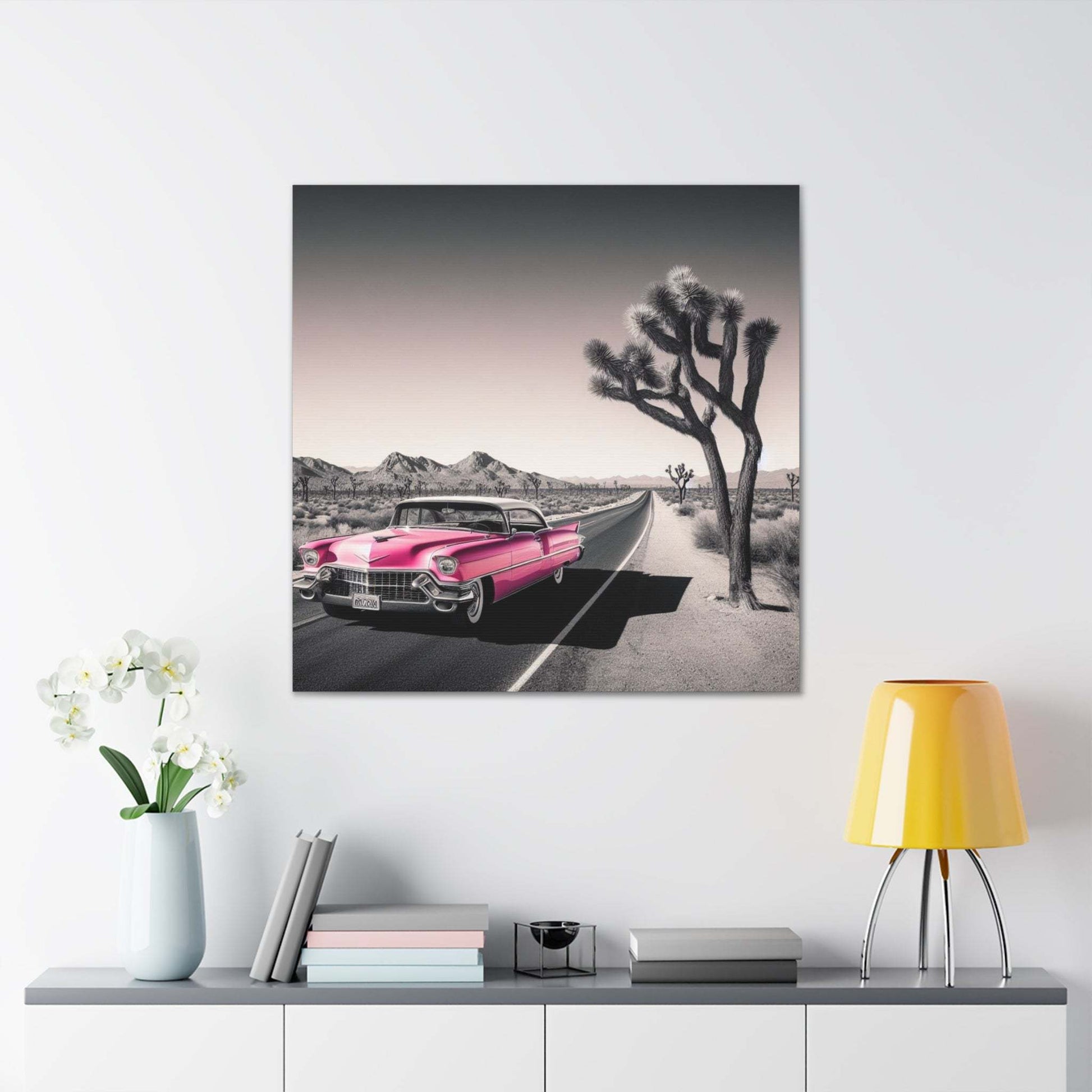 retro car poster, desert artwork, cadillac art