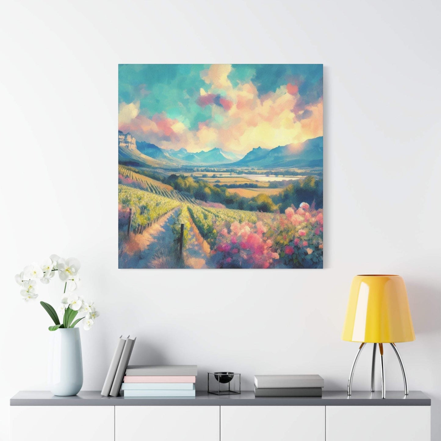 landscape canvas print, south africa art, vineyard painting