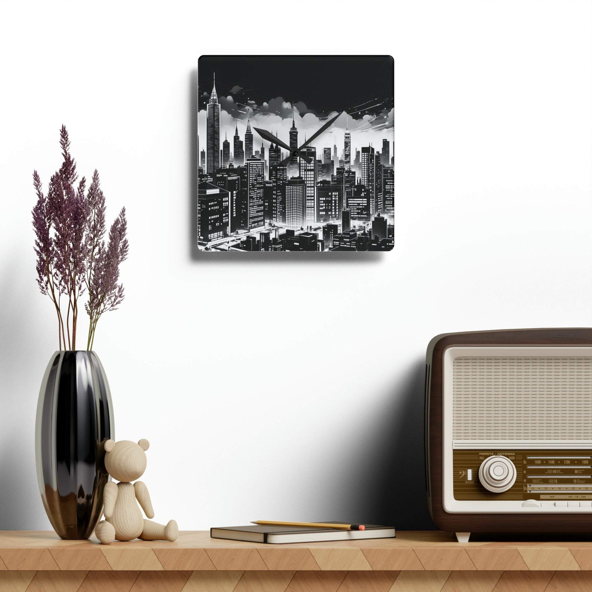 city skyline wall art, unique wall clock, cityscape