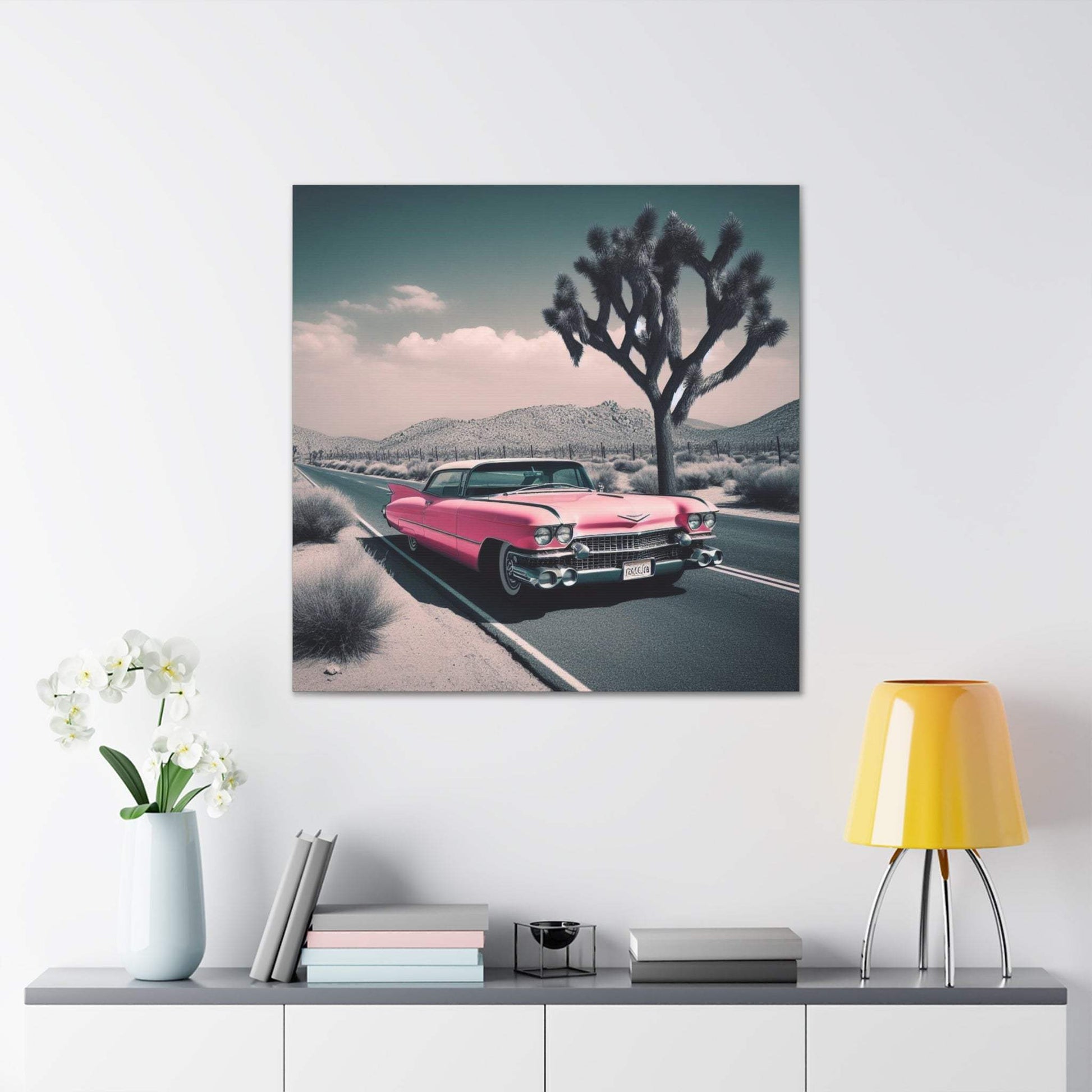 retro car poster, desert artwork, cadillac art