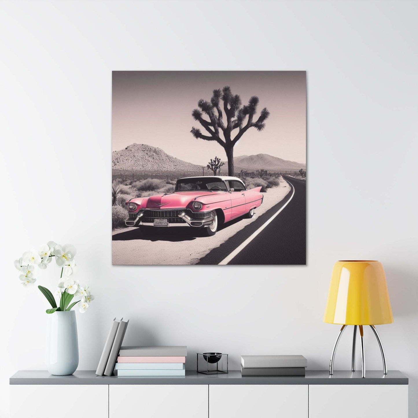 retro car poster, desert artwork, cadillac art