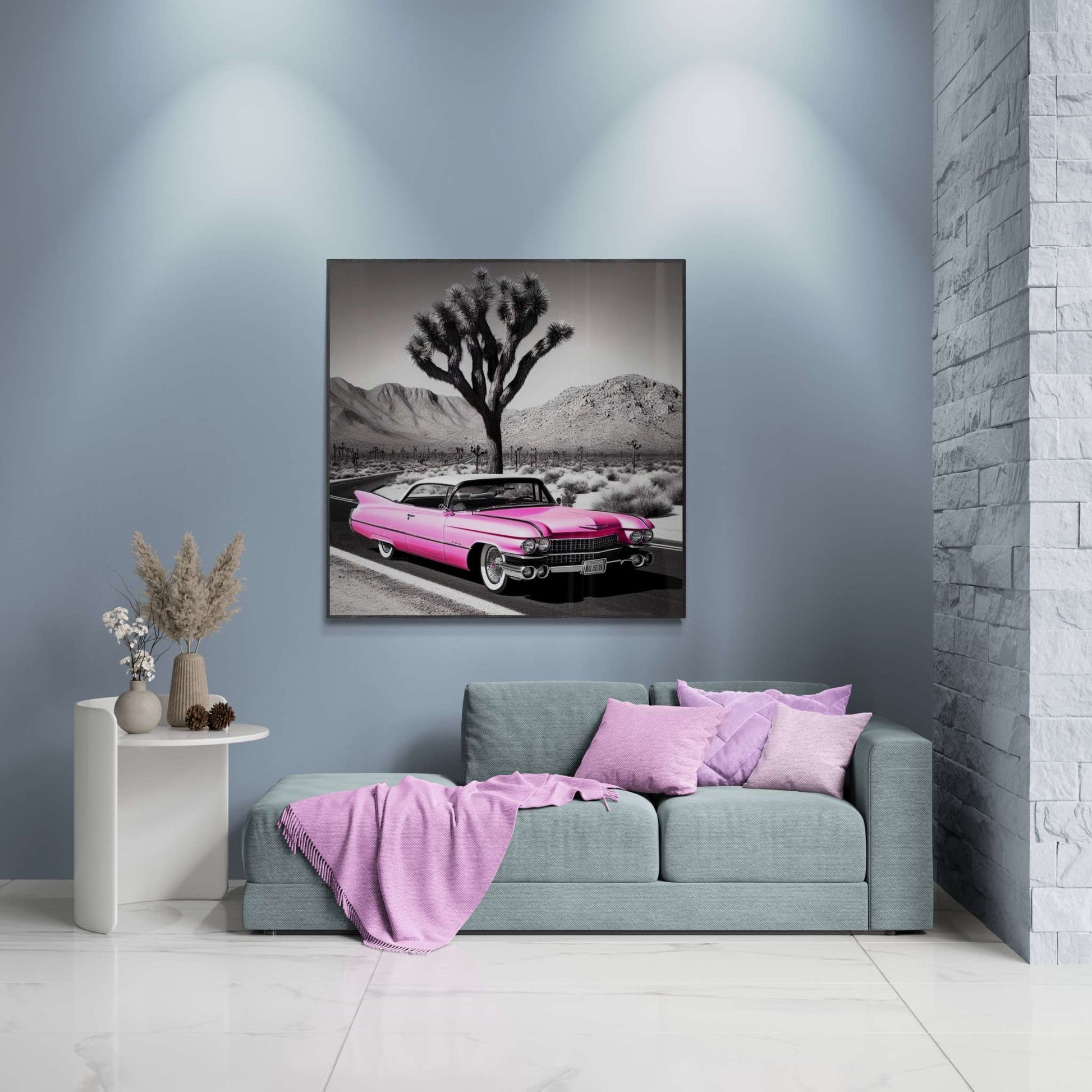 retro car poster, desert artwork, cadillac art