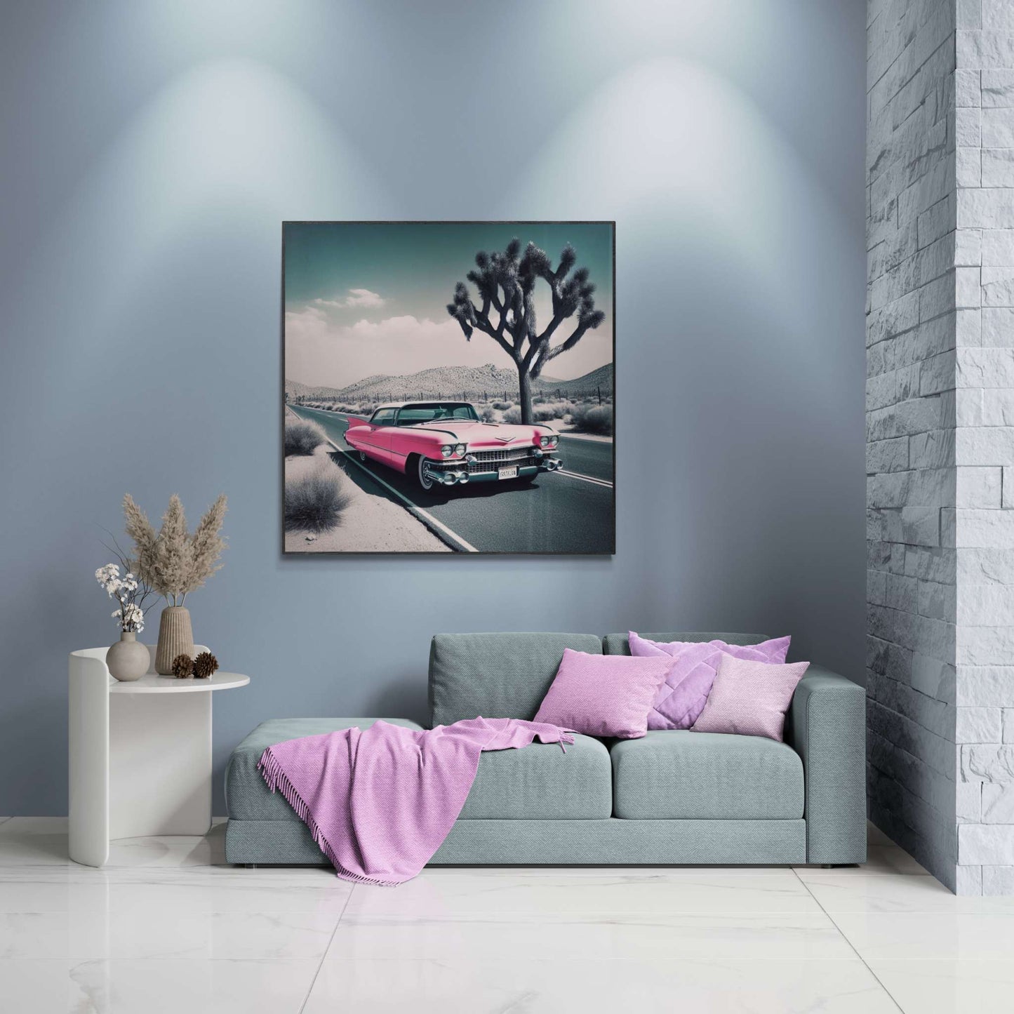 retro car poster, desert artwork, cadillac art