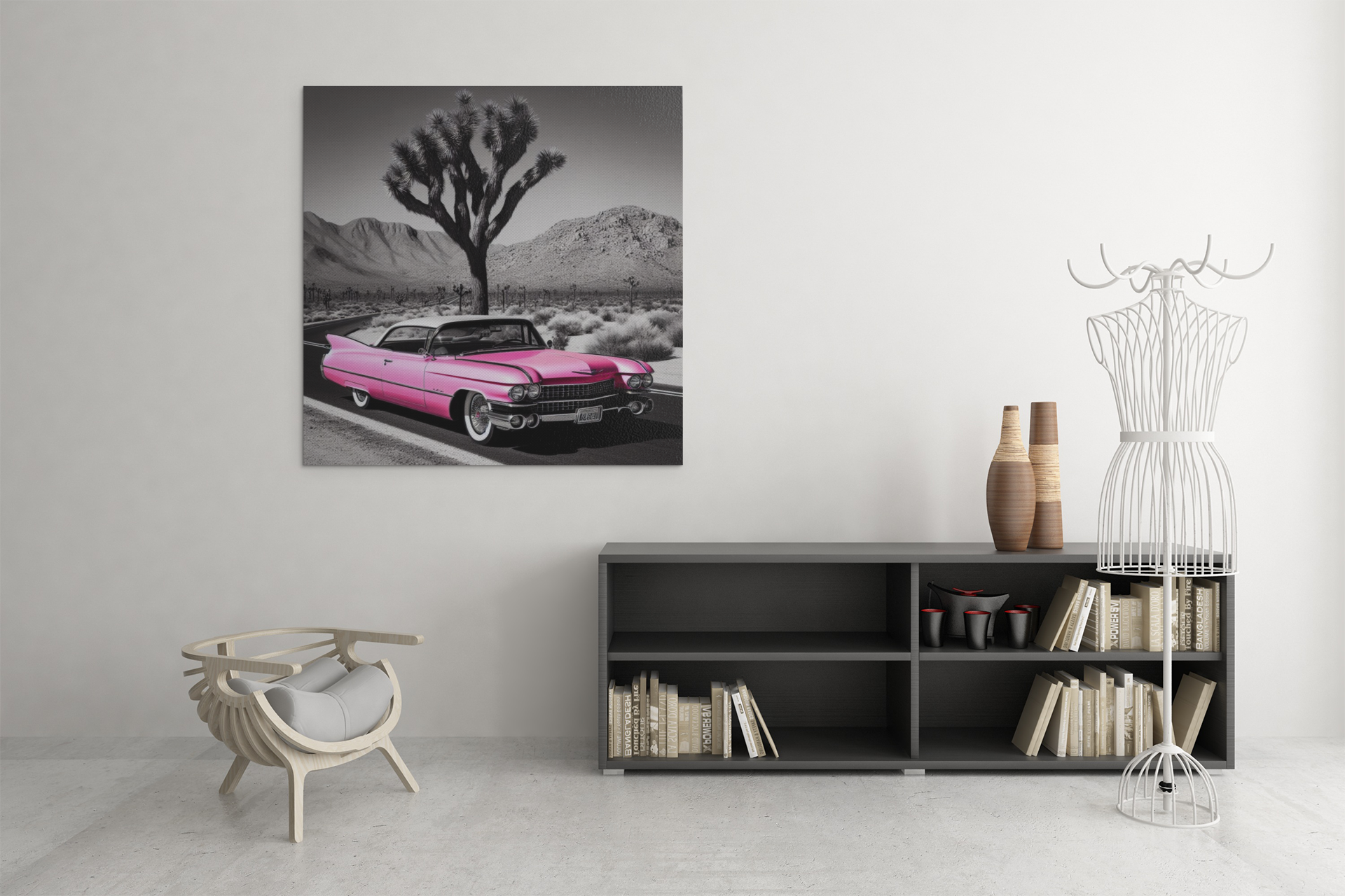 retro car poster, desert artwork, cadillac art