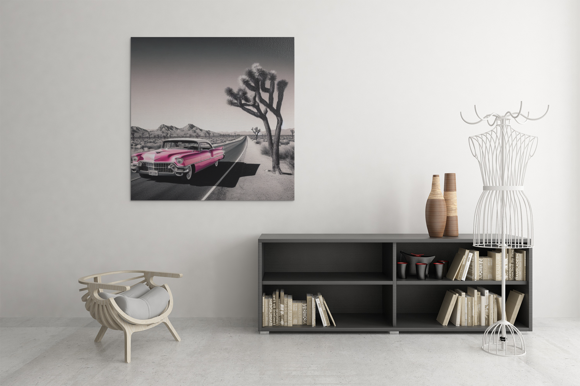 retro car poster, desert artwork, cadillac art