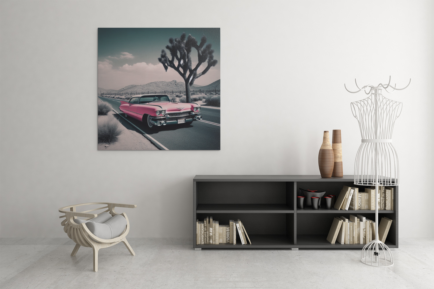 retro car poster, desert artwork, cadillac art