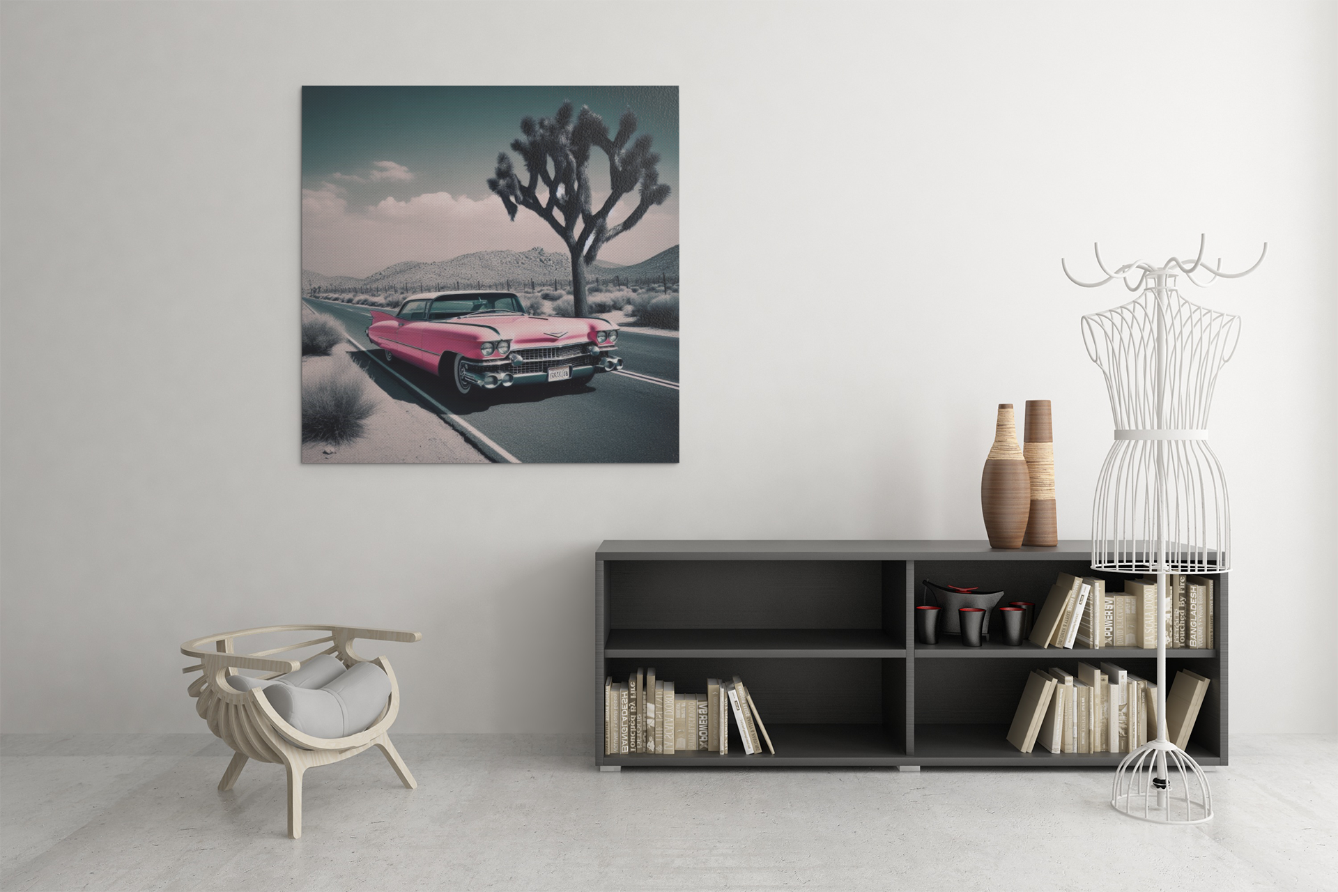 retro car poster, desert artwork, cadillac art