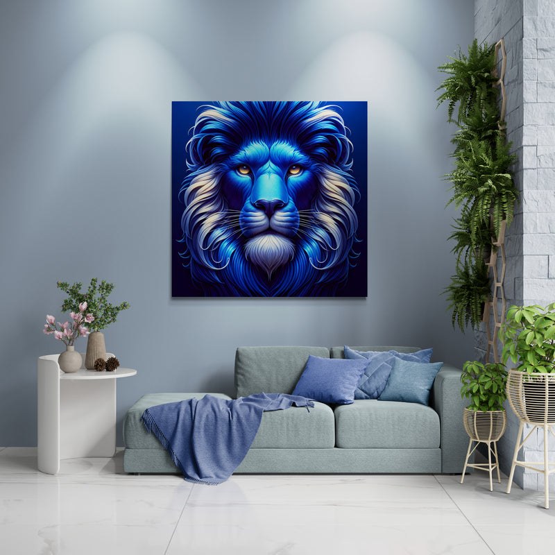 lion wall art, lion canvas wall art, lion face portrait, abstract blue lion