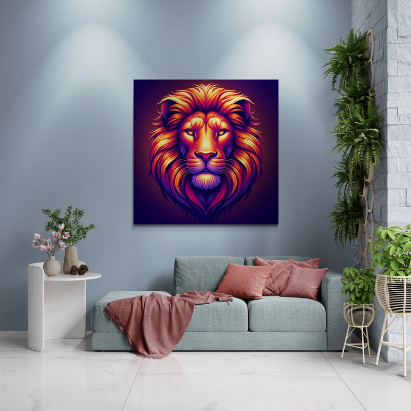 lion wall art, lion canvas wall art, lion face portrait, abstract orange lion 