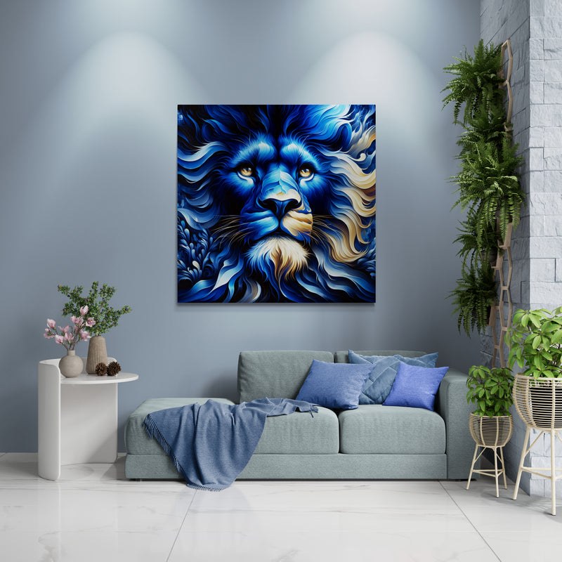 lion wall art, lion canvas wall art, lion face portrait, abstract blue lion