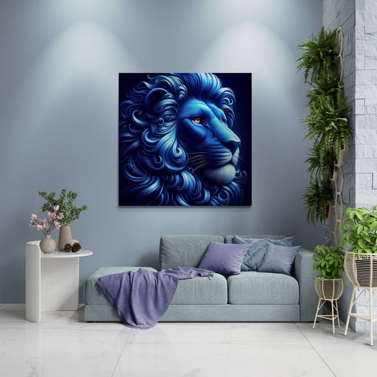 lion wall art, lion canvas wall art, lion face portrait, abstract blue lion