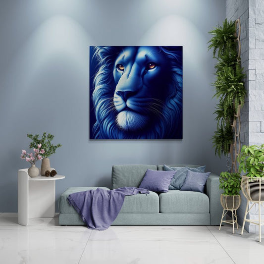 lion wall art, lion canvas wall art, lion face portrait, abstract blue lion