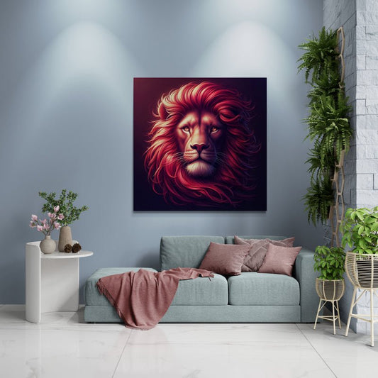 lion wall art, lion canvas wall art, lion face portrait, abstract red lion