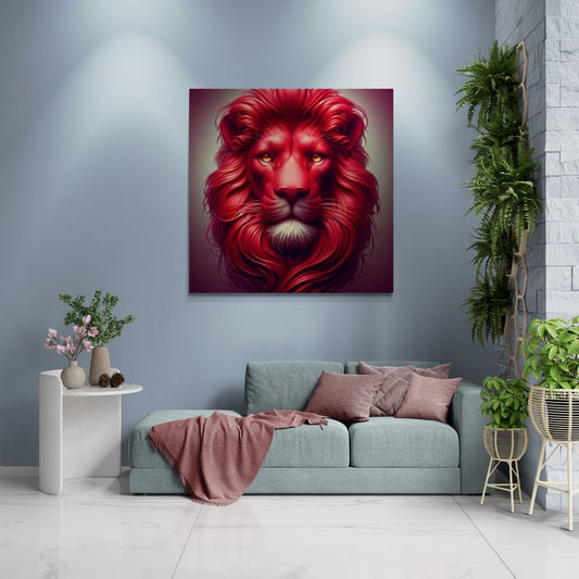 lion wall art, lion canvas wall art, lion face portrait, abstract red lion