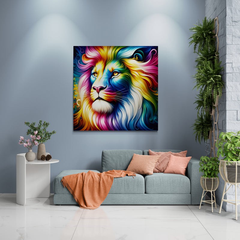 lion wall art, lion canvas wall art, lion face portrait, abstract rainbow lion