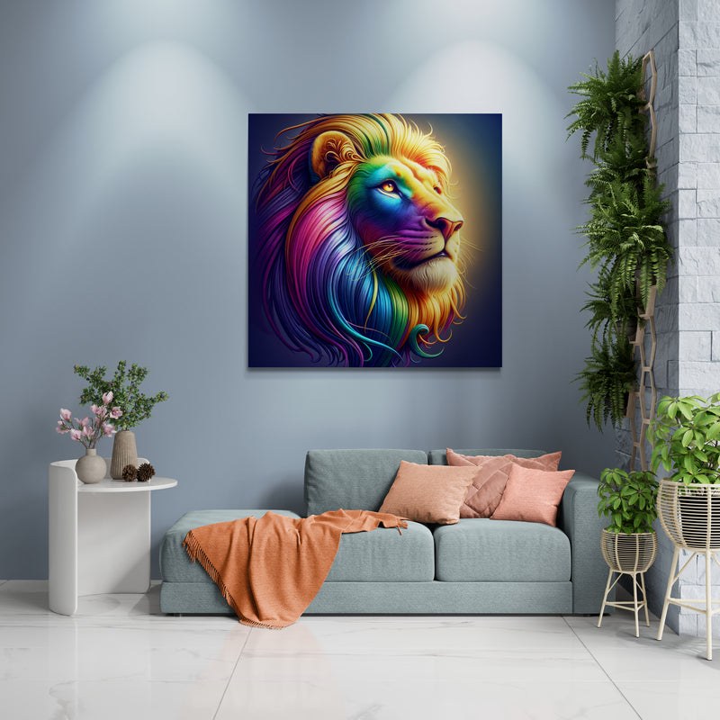 lion wall art, lion canvas wall art, lion face portrait, abstract rainbow lion