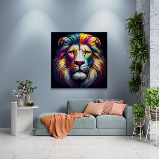 lion wall art, lion canvas wall art, lion face portrait, abstract rainbow lion