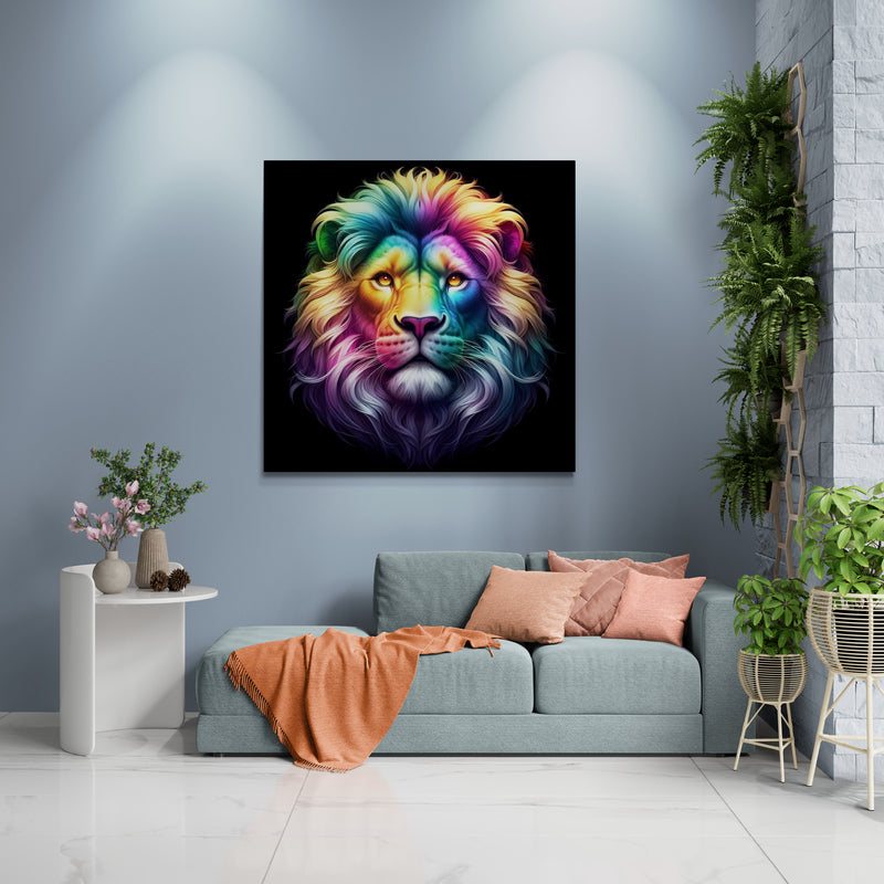 lion wall art, lion canvas wall art, lion face portrait, abstract rainbow lion