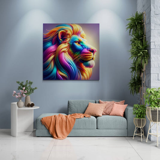 lion wall art, lion canvas wall art, lion face portrait, abstract rainbow lion