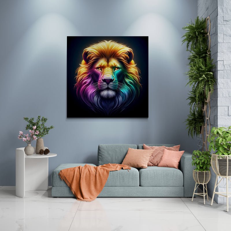 lion wall art, lion canvas wall art, lion face portrait, abstract rainbow lion