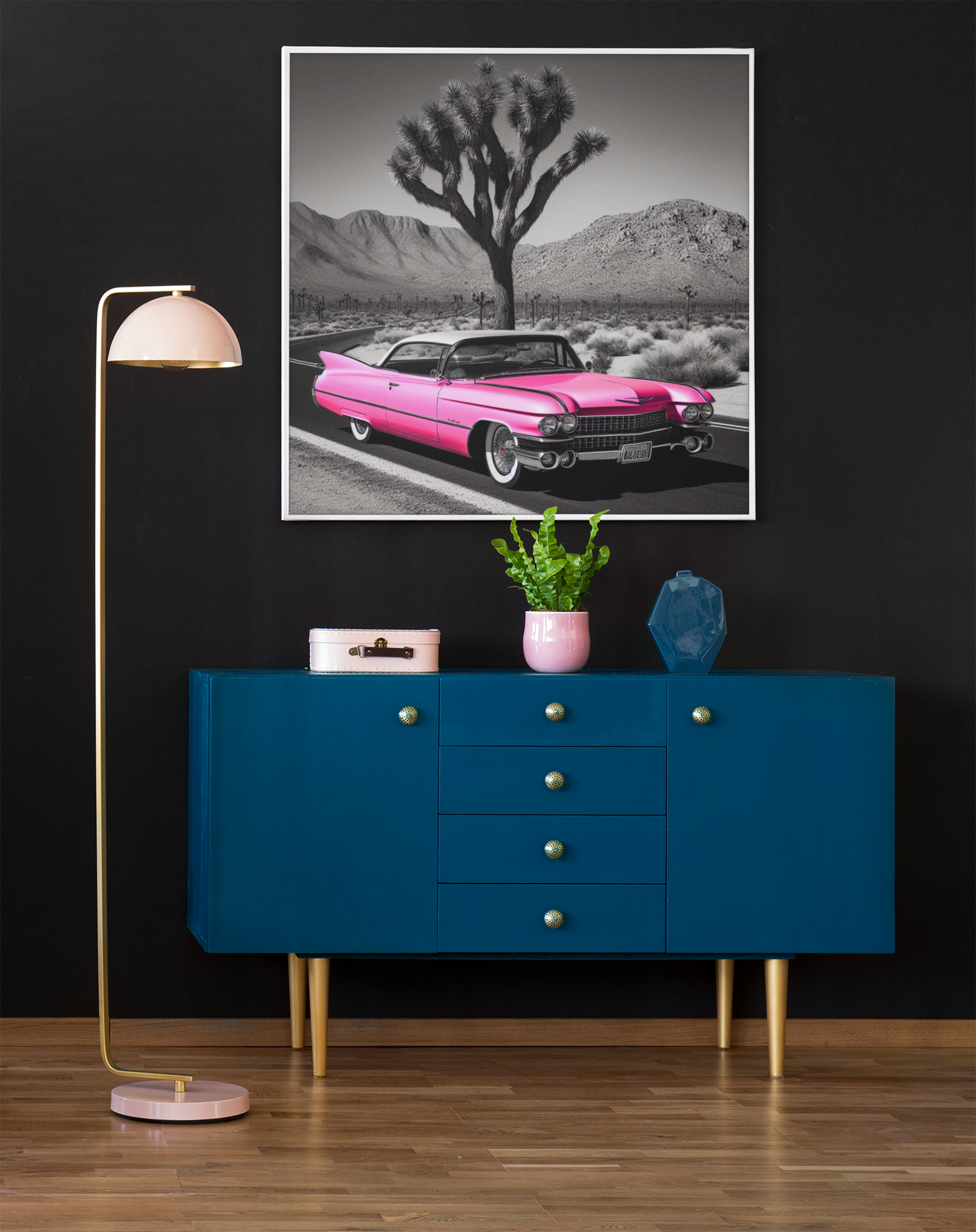 retro car poster, desert artwork, cadillac art