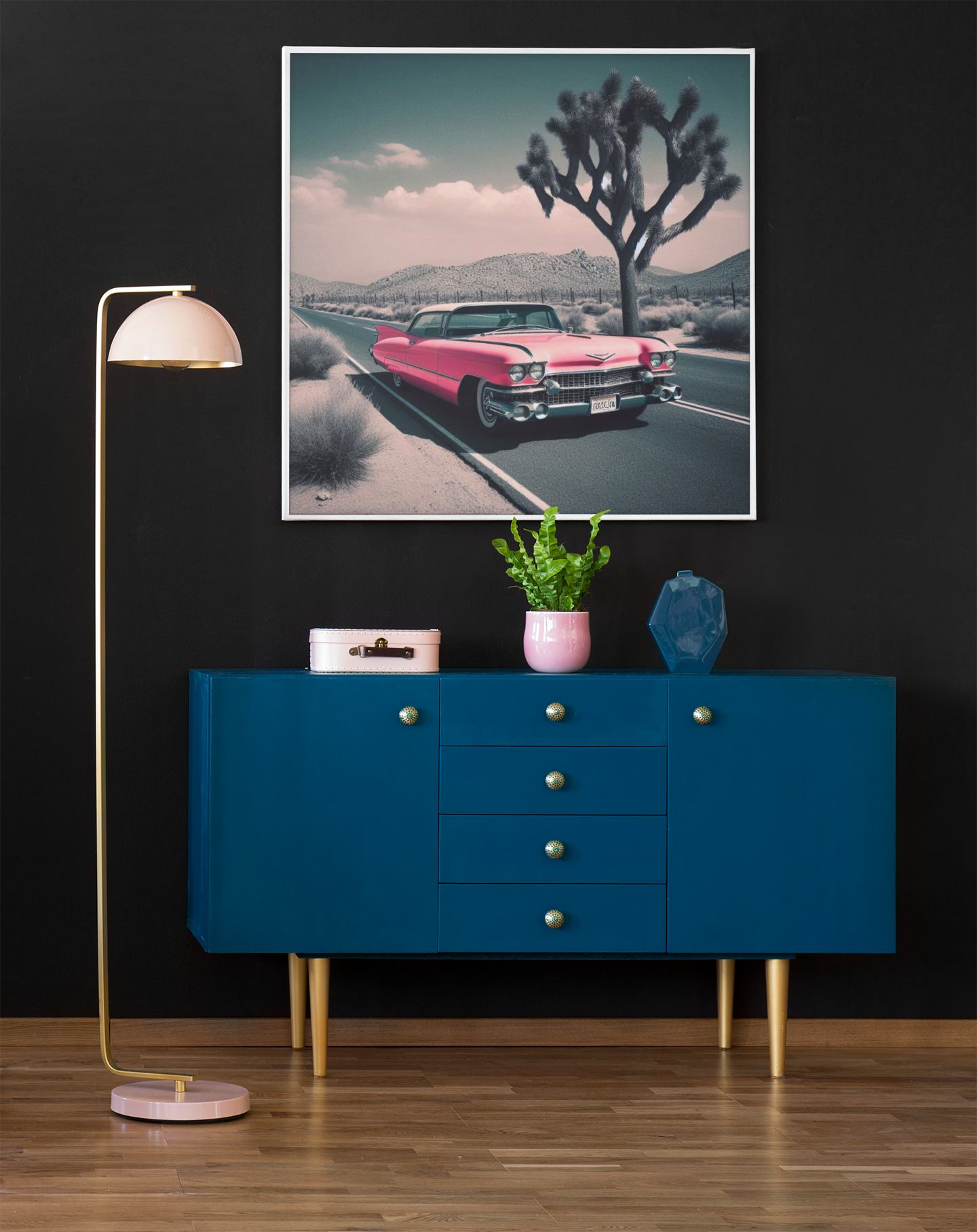 retro car poster, desert artwork, cadillac art