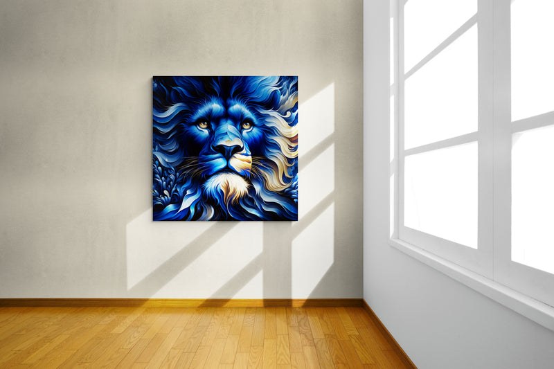 lion wall art, lion canvas wall art, lion face portrait, abstract blue lion