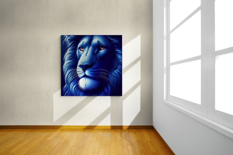 lion wall art, lion canvas wall art, lion face portrait, abstract blue lion