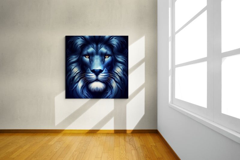 lion wall art, lion canvas wall art, lion face portrait, abstract blue lion