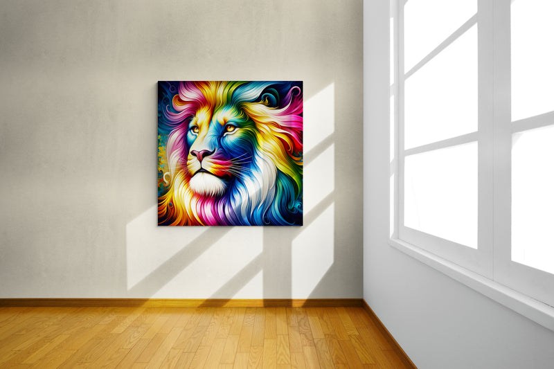 lion wall art, lion canvas wall art, lion face portrait, abstract rainbow lion